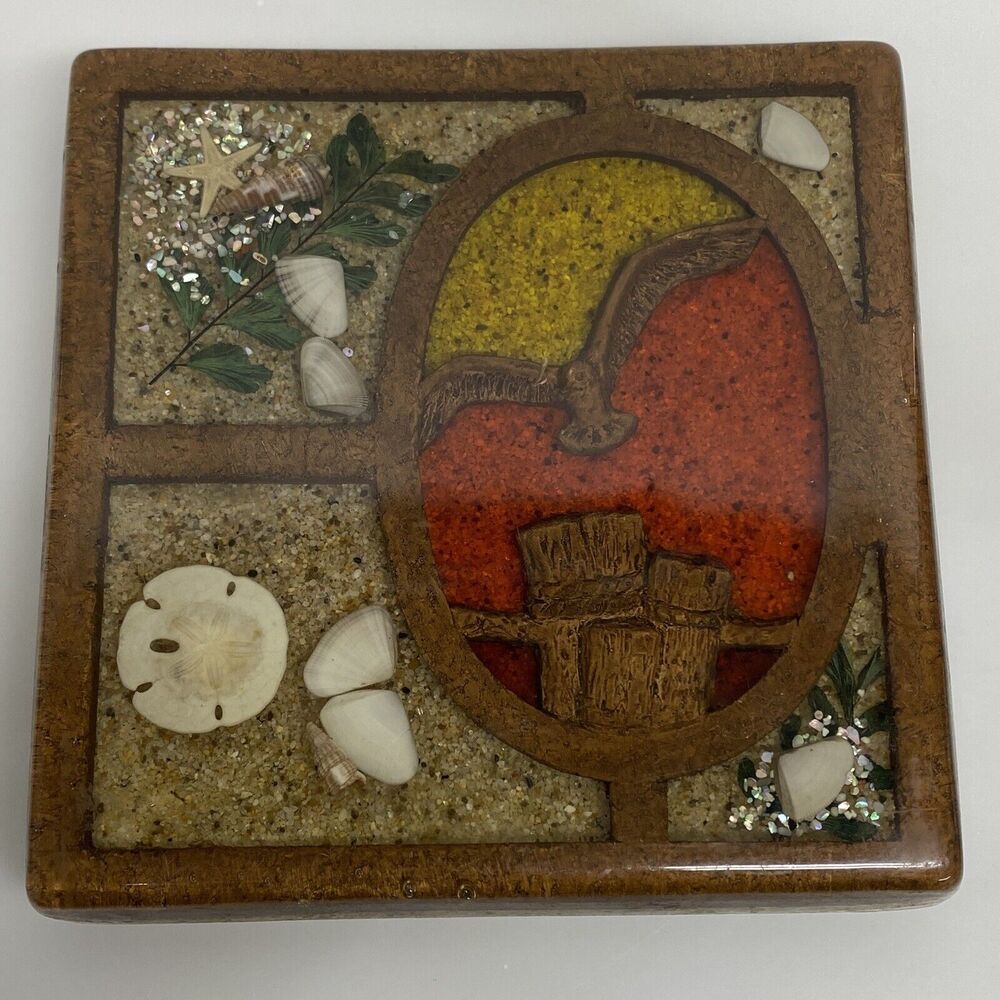 Lucite Acrylic Retro Mid Century Seagull Trivet Square 5 1/4" Seashells Sand Vtg